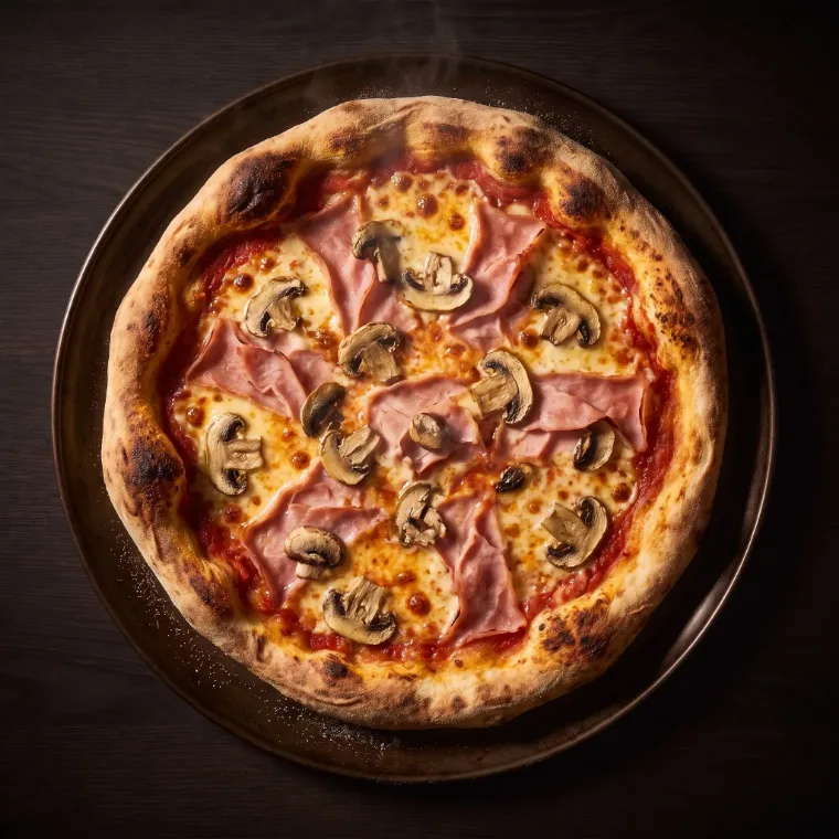 Färdiggräddad pizza sedd rakt uppifrån: tomatsås, ost, skinka och champinjoner.